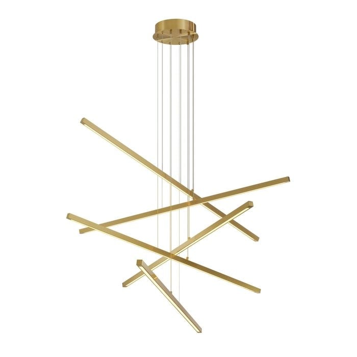 A modern, abstract gold chandelier with multiple elongated arms suspended from a round ceiling mount.